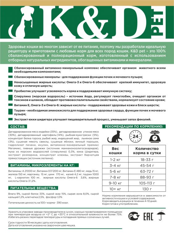K&D pet Беззерновой сухой корм для котят и кошек с Индейкой и Уткой