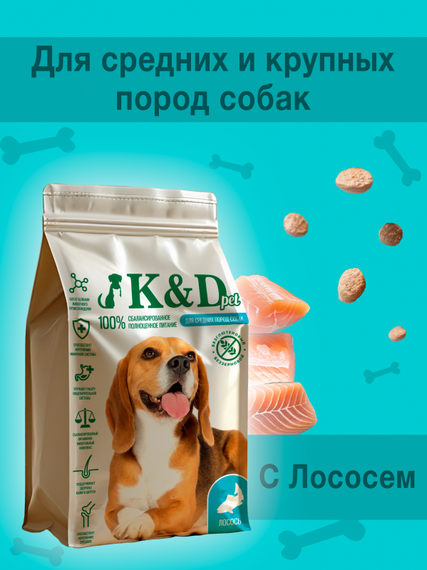 K&D pet Беззерновой для щенков и собак Средних и Крупных пород Лосось